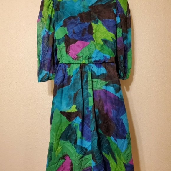 Vintage Doncaster Blue Purple Abstract Dress SZ 14 Mod Art to wear Swing - Picture 4 of 10